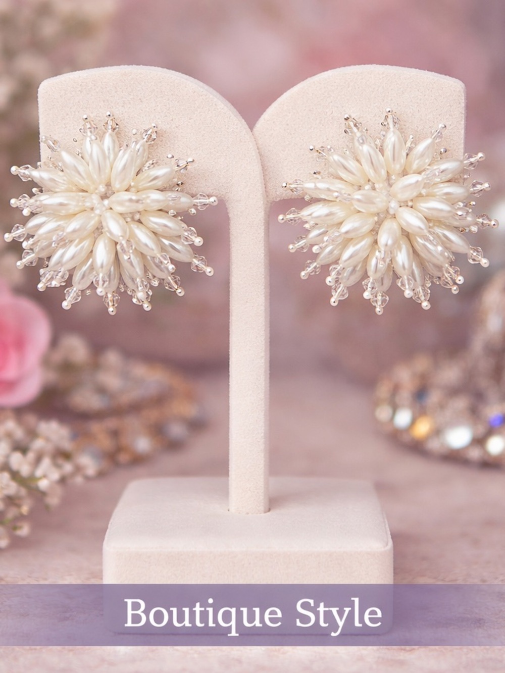 Beaded Pearl Cluster Earrings Ivory Post Back Statement 2”